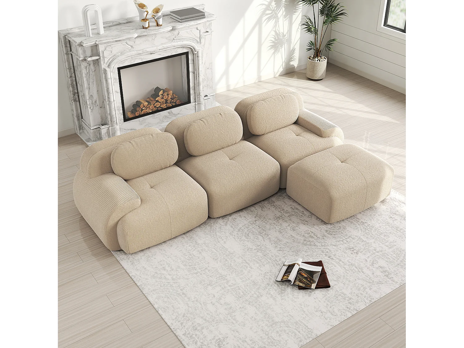 Canapé 3 places, canapé d'angle avec dossier rembourré et repose-pieds - Velours côtelé beige