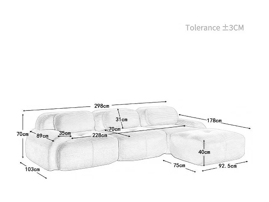 Canapé 3 places, canapé d'angle avec dossier rembourré et repose-pieds - Velours côtelé beige