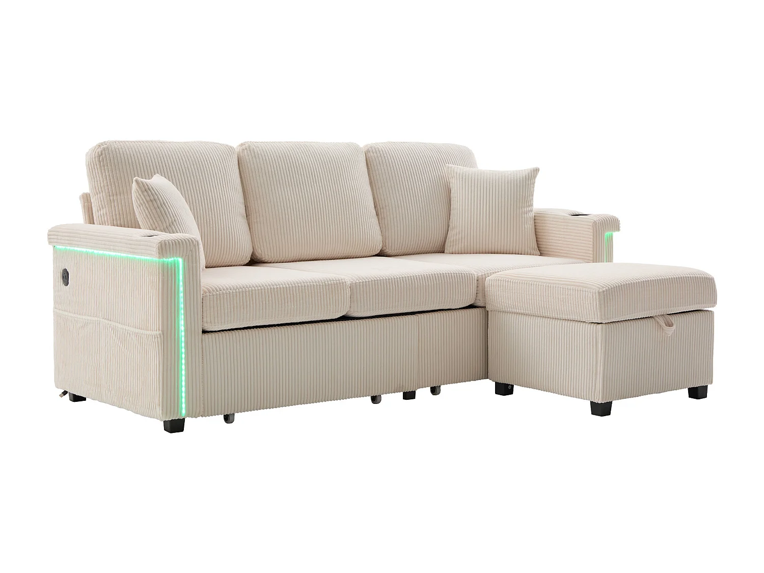 Canapé 3 places en velours côtelé beige avec LED et USB, repose-pieds de rangement et 2 tiroirs