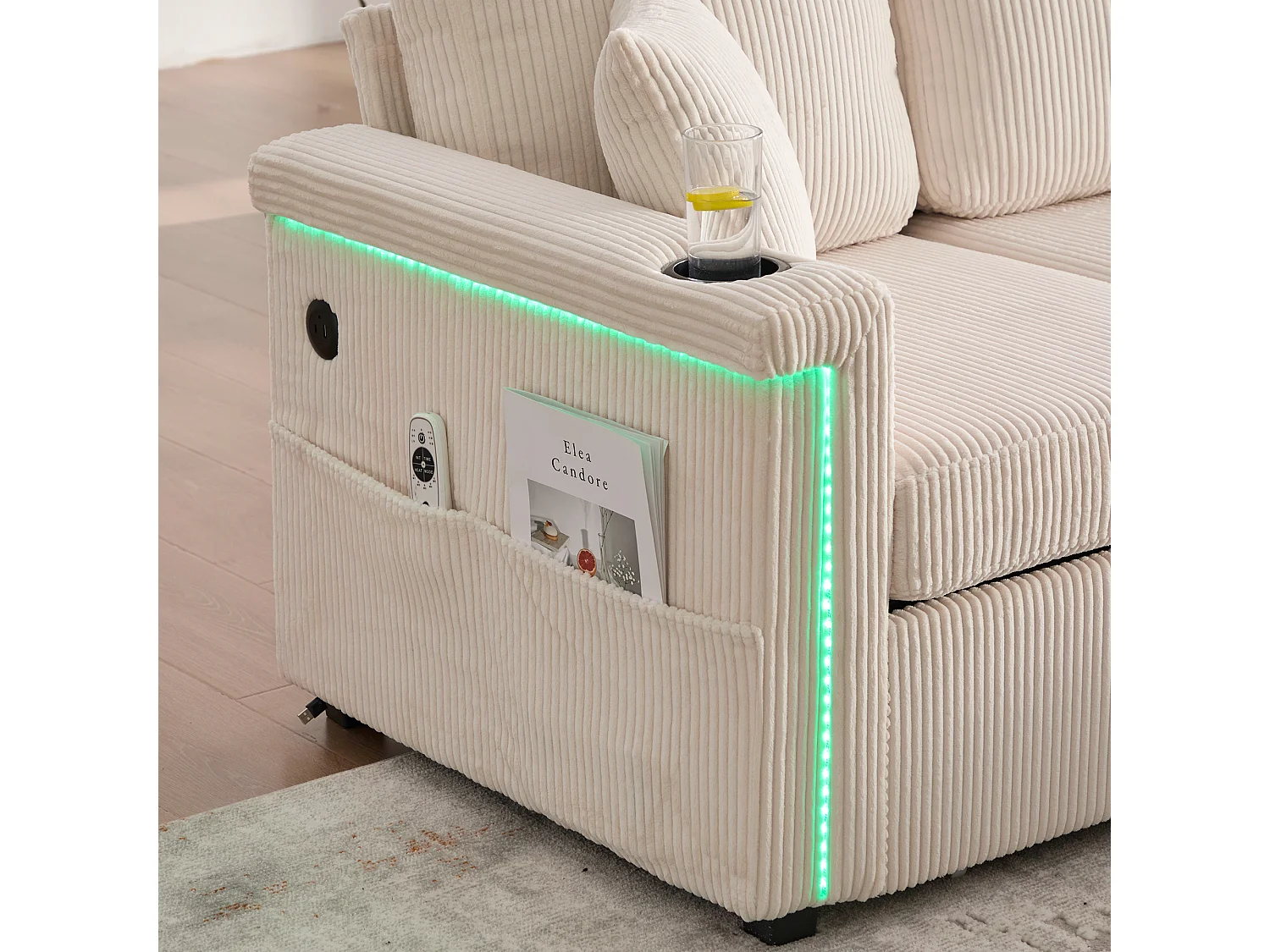 Canapé 3 places en velours côtelé beige avec LED et USB, repose-pieds de rangement et 2 tiroirs