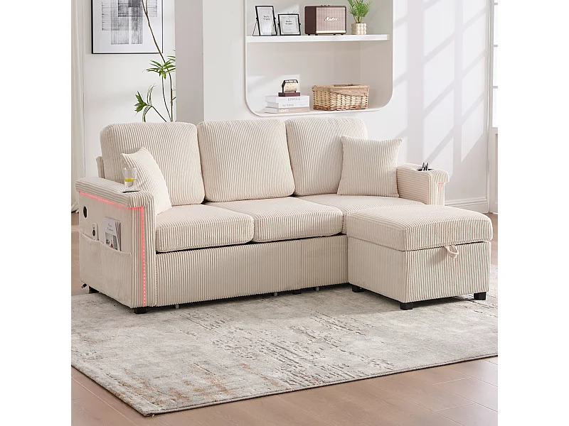 Canapé 3 places en velours côtelé beige avec LED et USB, repose-pieds de rangement et 2 tiroirs