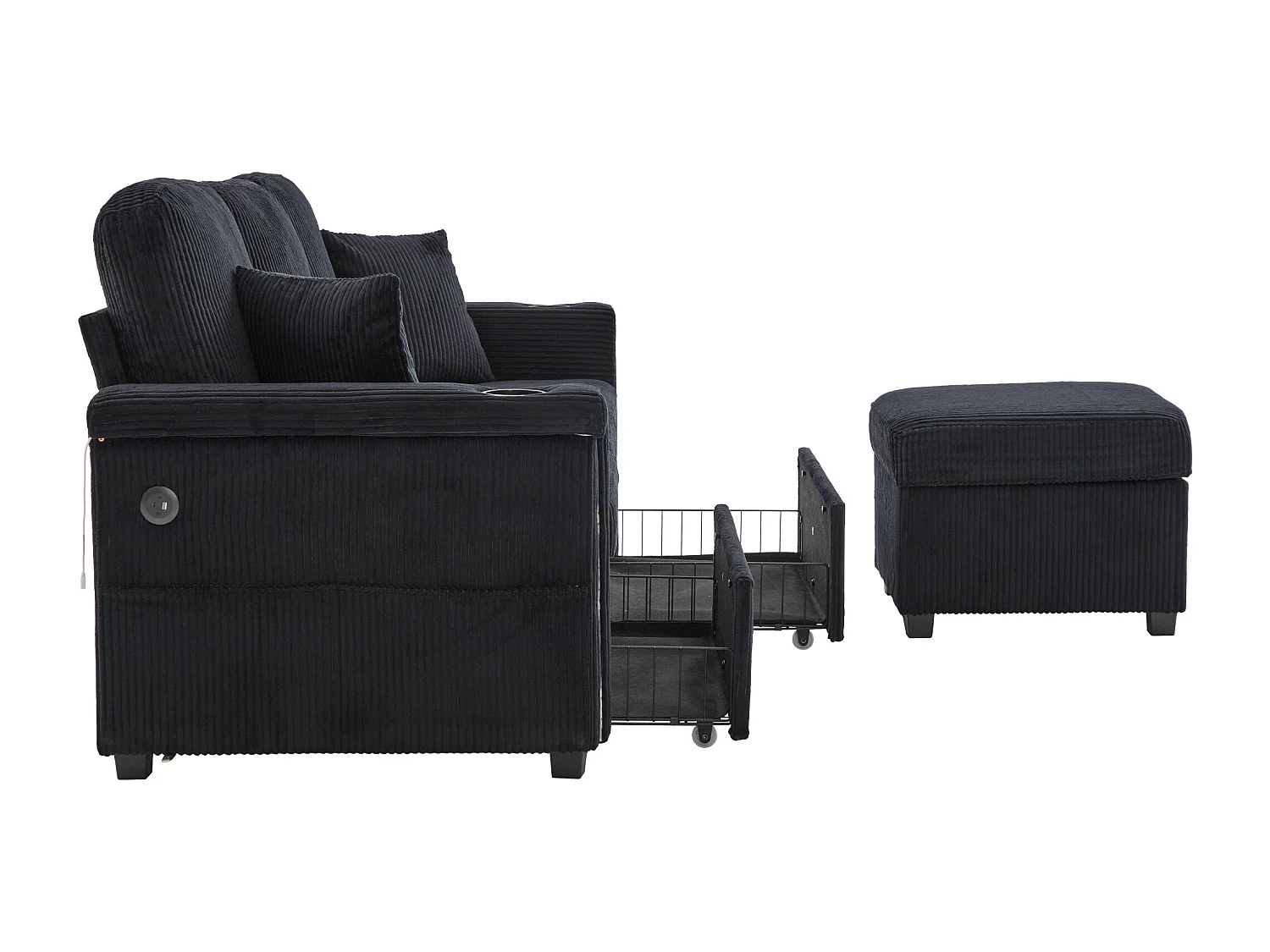 Canapé 3 places en velours côtelé noir avec LED et USB, repose-pieds de rangement et 2 tiroirs