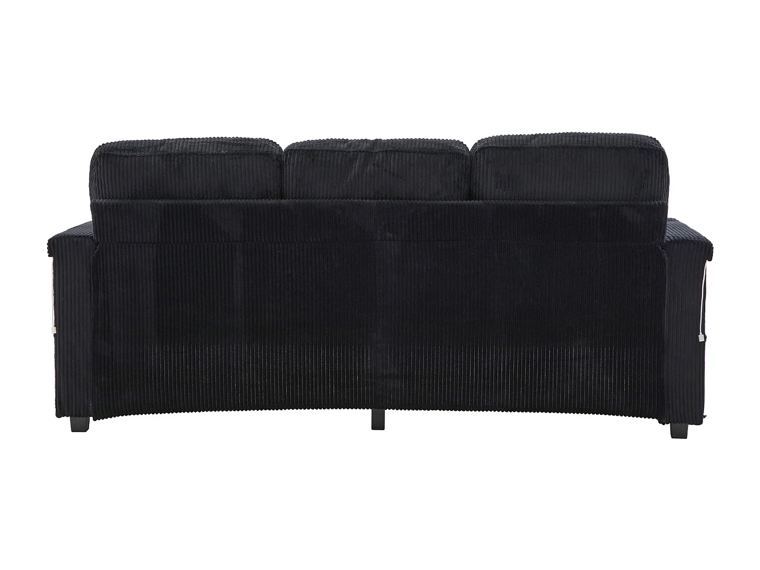 Canapé 3 places en velours côtelé noir avec LED et USB, repose-pieds de rangement et 2 tiroirs