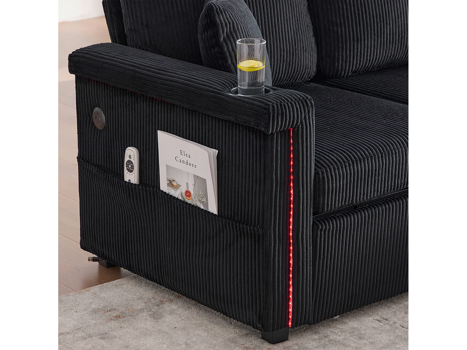 Canapé 3 places en velours côtelé noir avec LED et USB, repose-pieds de rangement et 2 tiroirs