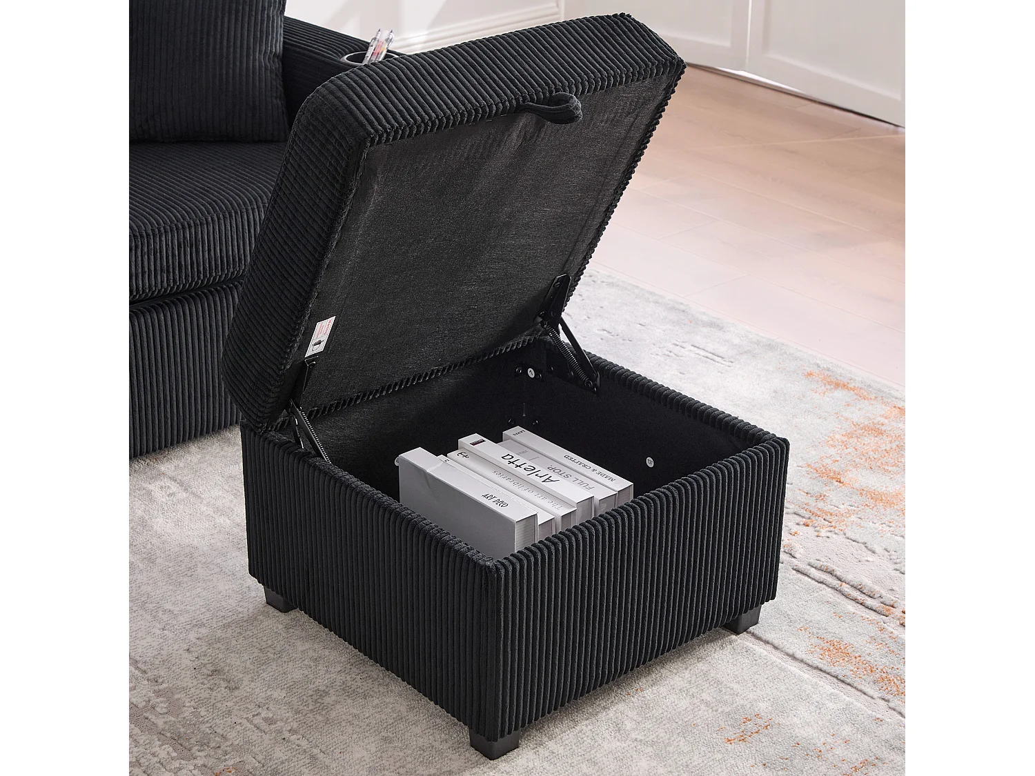 Canapé 3 places en velours côtelé noir avec LED et USB, repose-pieds de rangement et 2 tiroirs