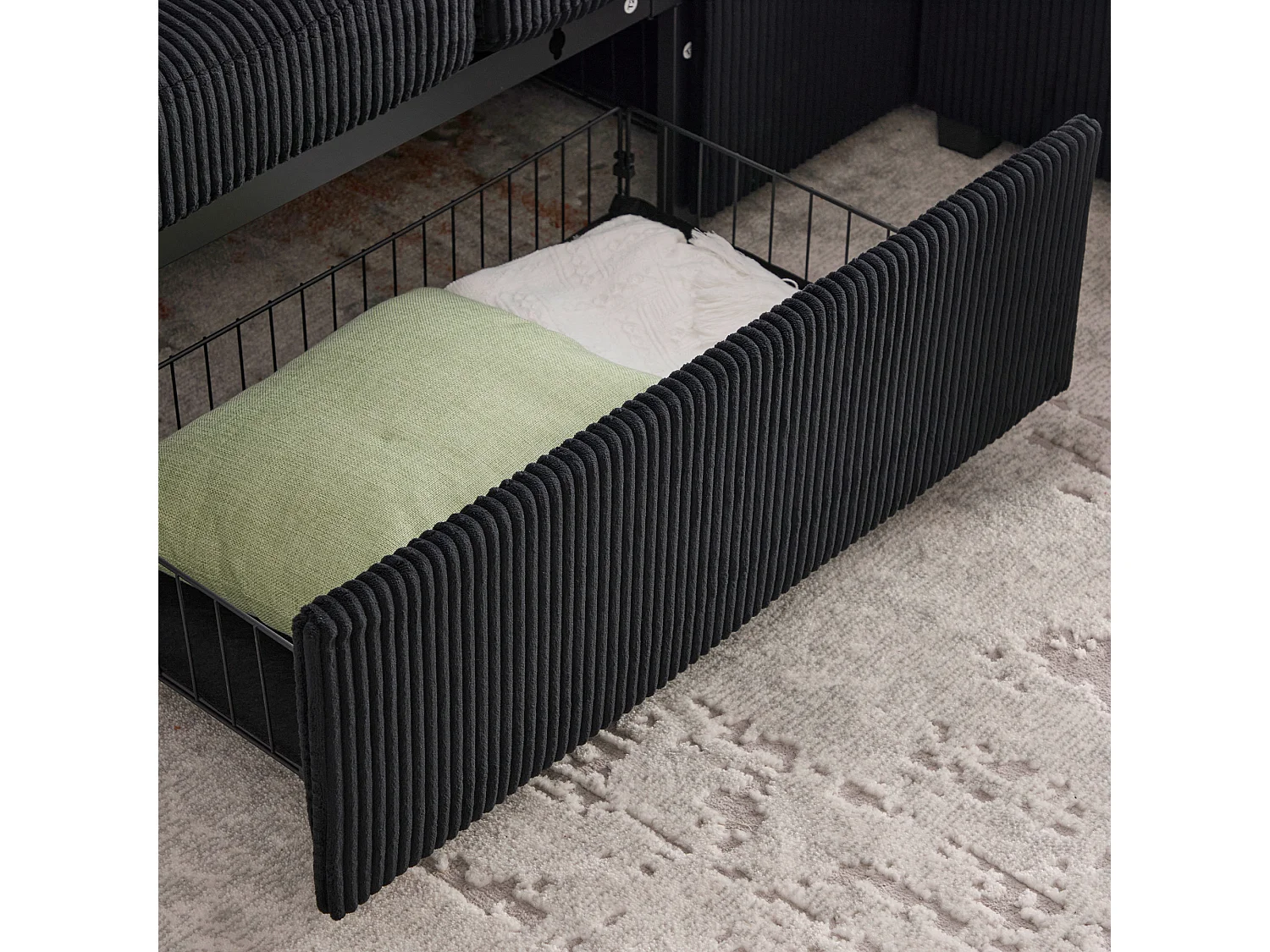 Canapé 3 places en velours côtelé noir avec LED et USB, repose-pieds de rangement et 2 tiroirs