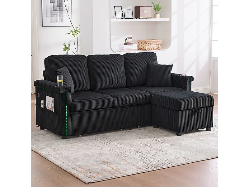 Sofá 3 plazas en pana negra con LED y USB, taburete de almacenamiento y 2 cajones
