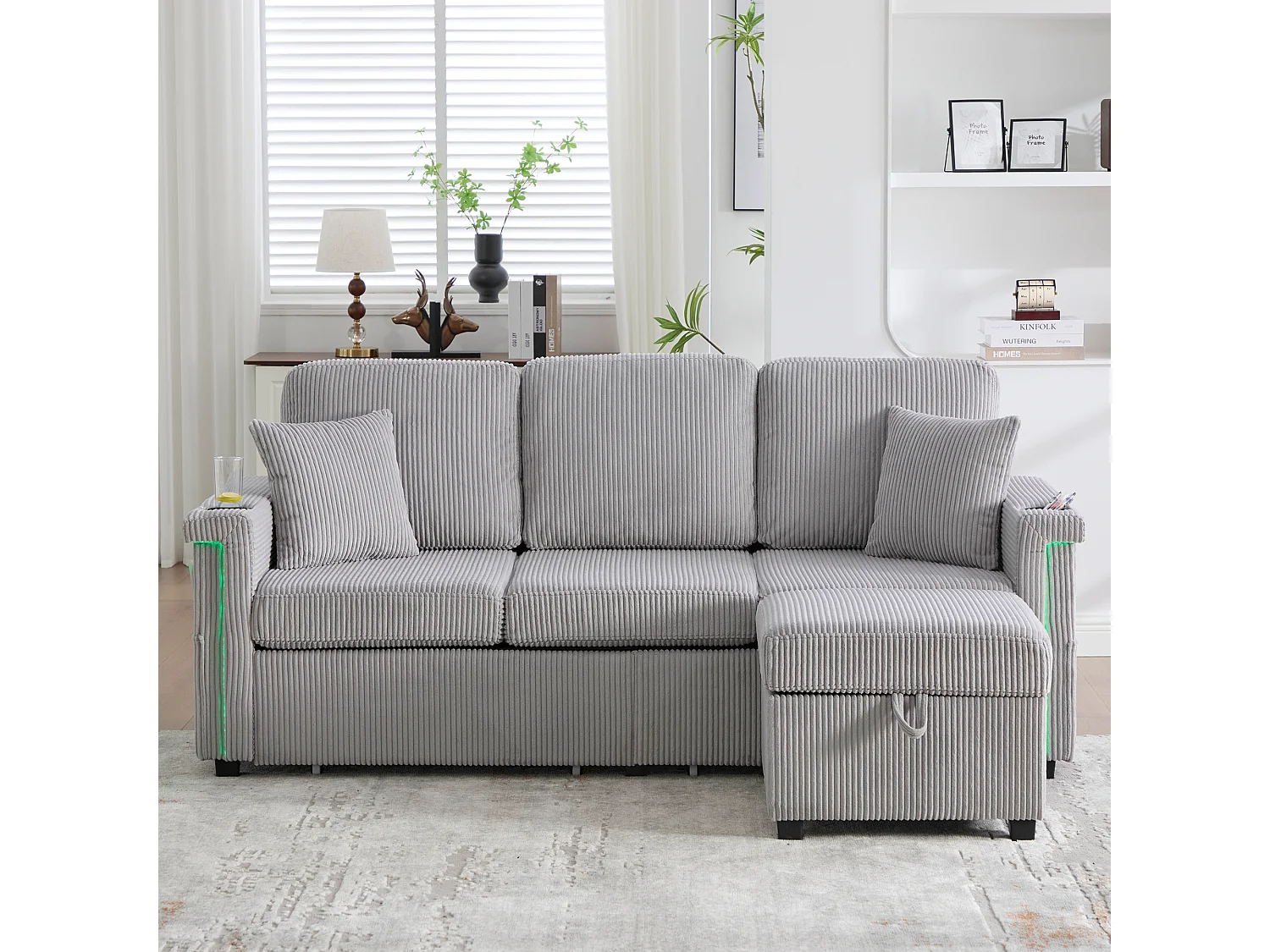 Canapé 3 places en velours côtelé gris clair avec LED et USB, repose-pieds de rangement et 2 tiroirs