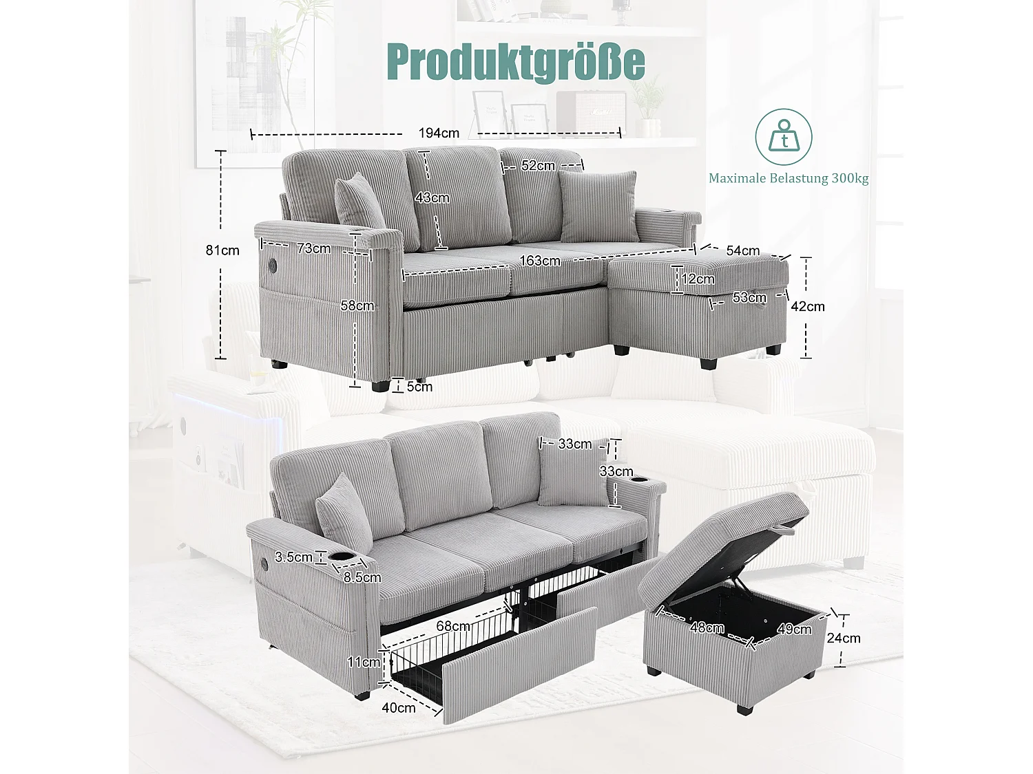 Canapé 3 places en velours côtelé gris clair avec LED et USB, repose-pieds de rangement et 2 tiroirs