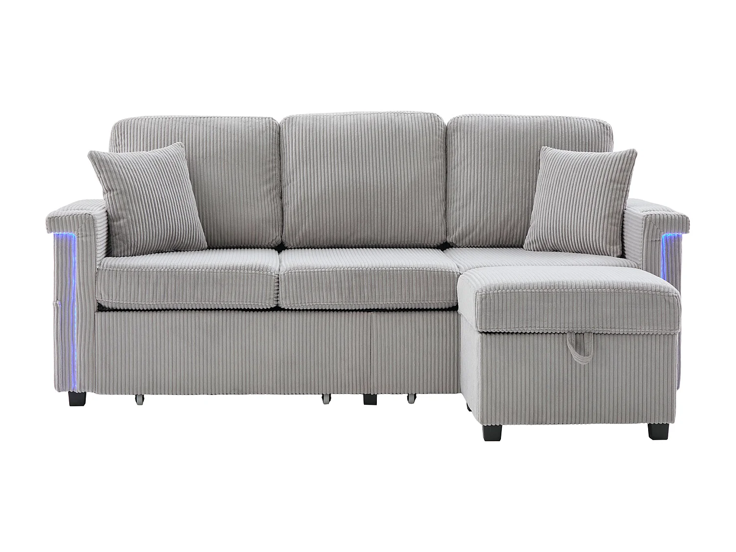 Canapé 3 places en velours côtelé gris clair avec LED et USB, repose-pieds de rangement et 2 tiroirs