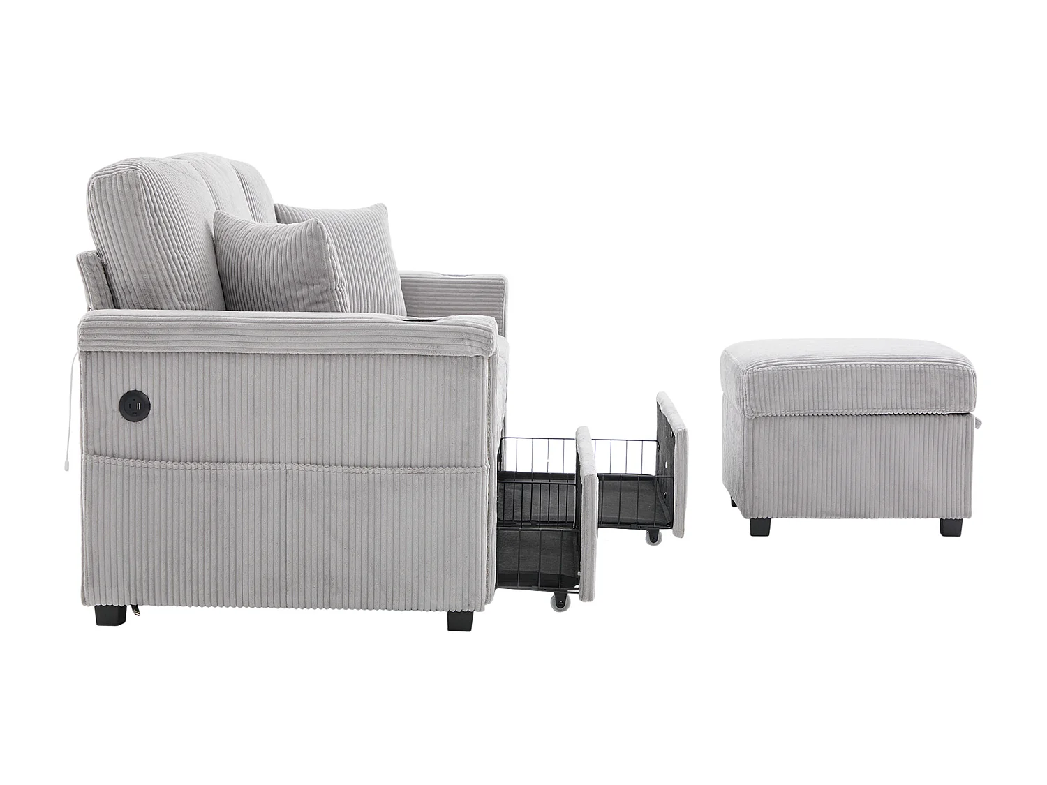 Canapé 3 places en velours côtelé gris clair avec LED et USB, repose-pieds de rangement et 2 tiroirs