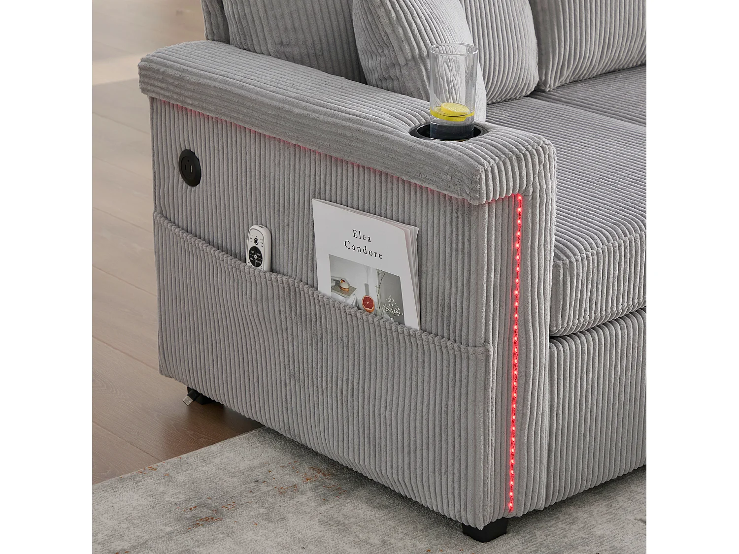 Canapé 3 places en velours côtelé gris clair avec LED et USB, repose-pieds de rangement et 2 tiroirs