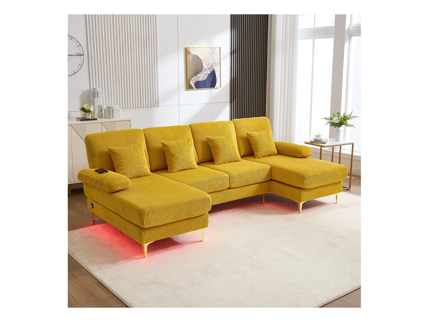 Canapé 4 places en velours jaune avec éclairage LED et ports USB - Design moderne en U