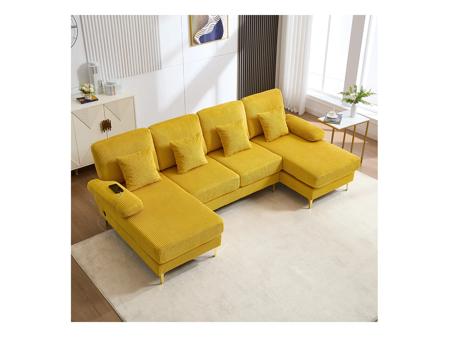 Canapé 4 places en velours jaune avec éclairage LED et ports USB - Design moderne en U