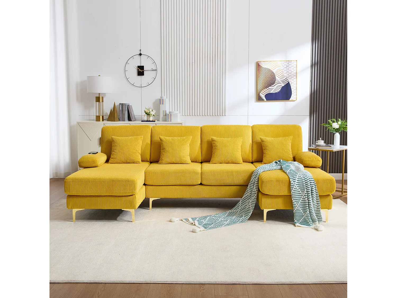 Canapé 4 places en velours jaune avec éclairage LED et ports USB - Design moderne en U