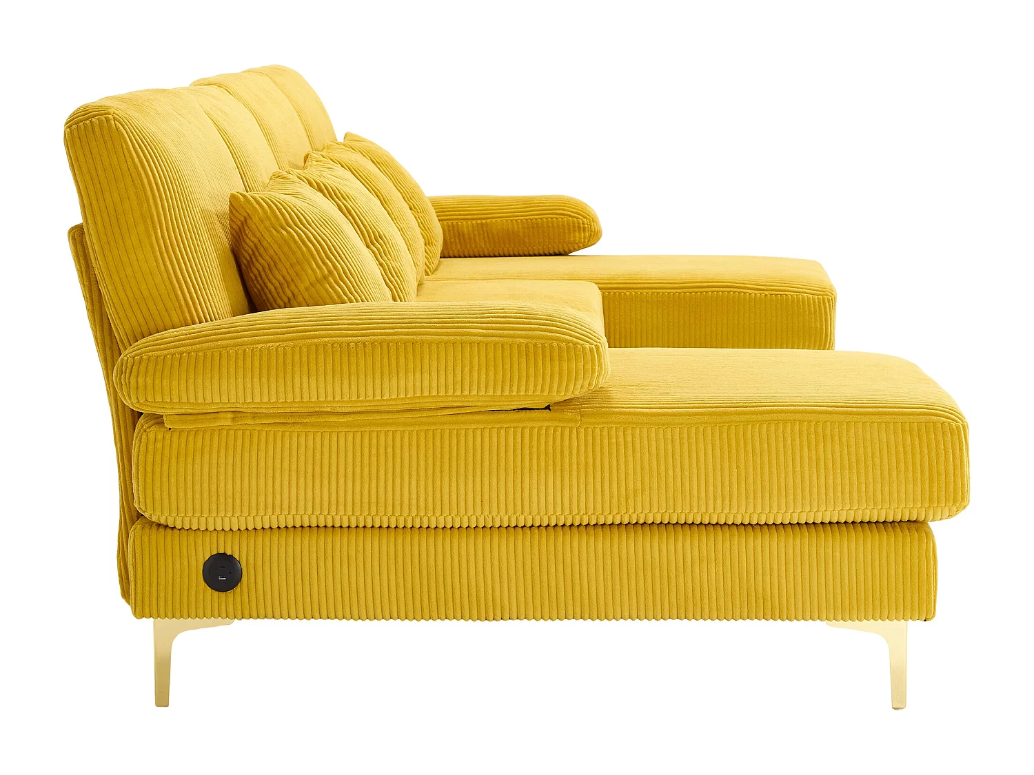 Canapé 4 places en velours jaune avec éclairage LED et ports USB - Design moderne en U