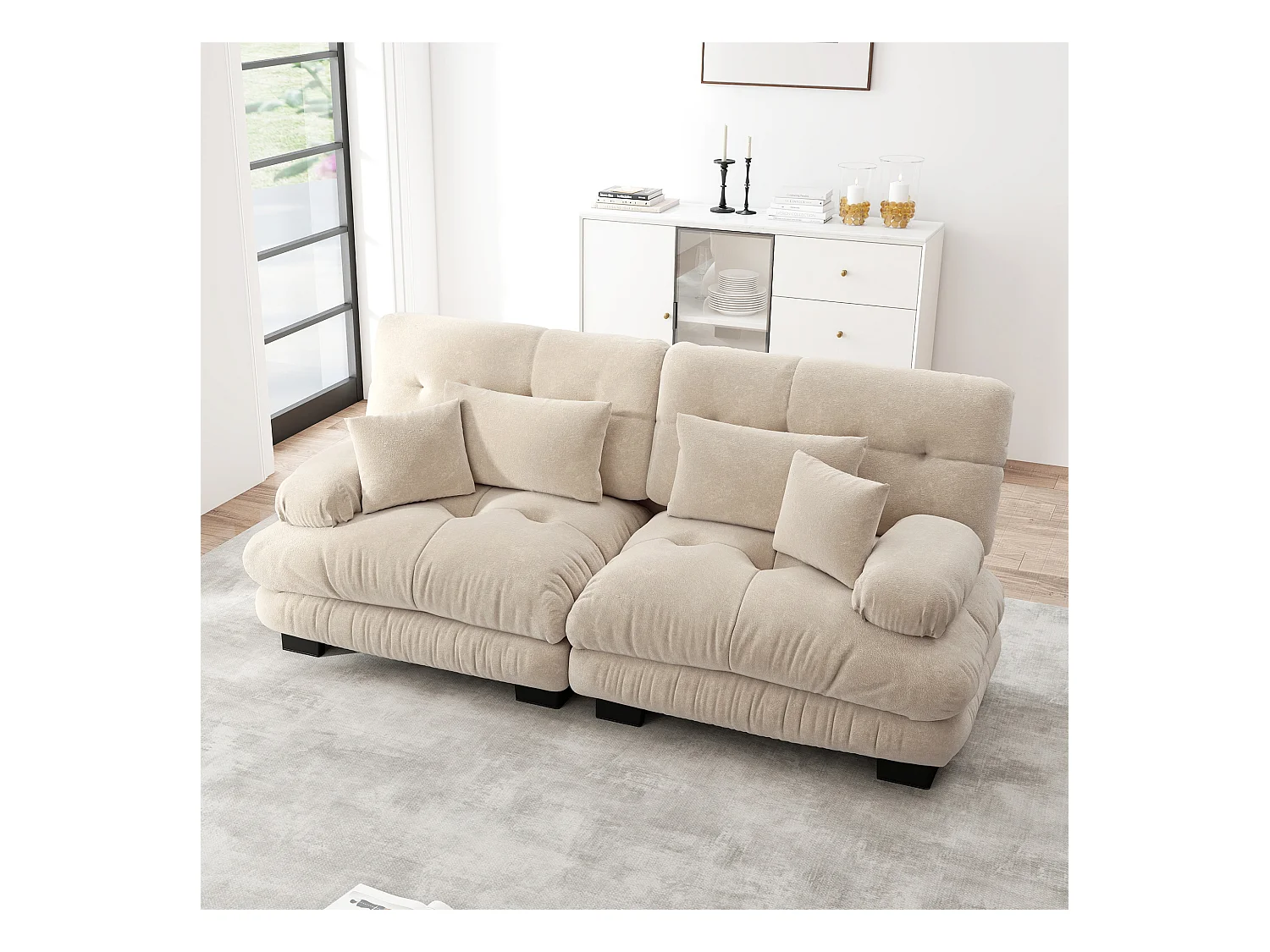 Canapé 2 places en chenille avec dossier et accoudoirs, beige - pour salon et chambre