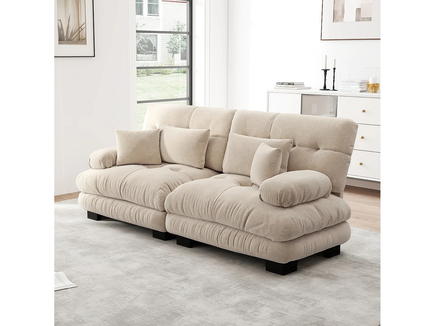 Canapé 2 places en chenille avec dossier et accoudoirs, beige - pour salon et chambre