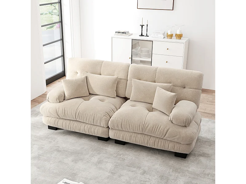 Canapé 2 places en chenille avec dossier et accoudoirs, beige - pour salon et chambre