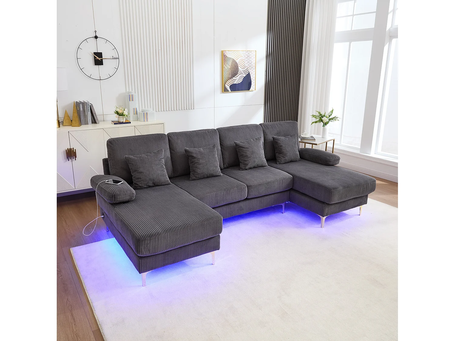Sofa 4-osobowa z szarego aksamitu z oświetleniem LED i portem USB - nowoczesny design w kształcie U