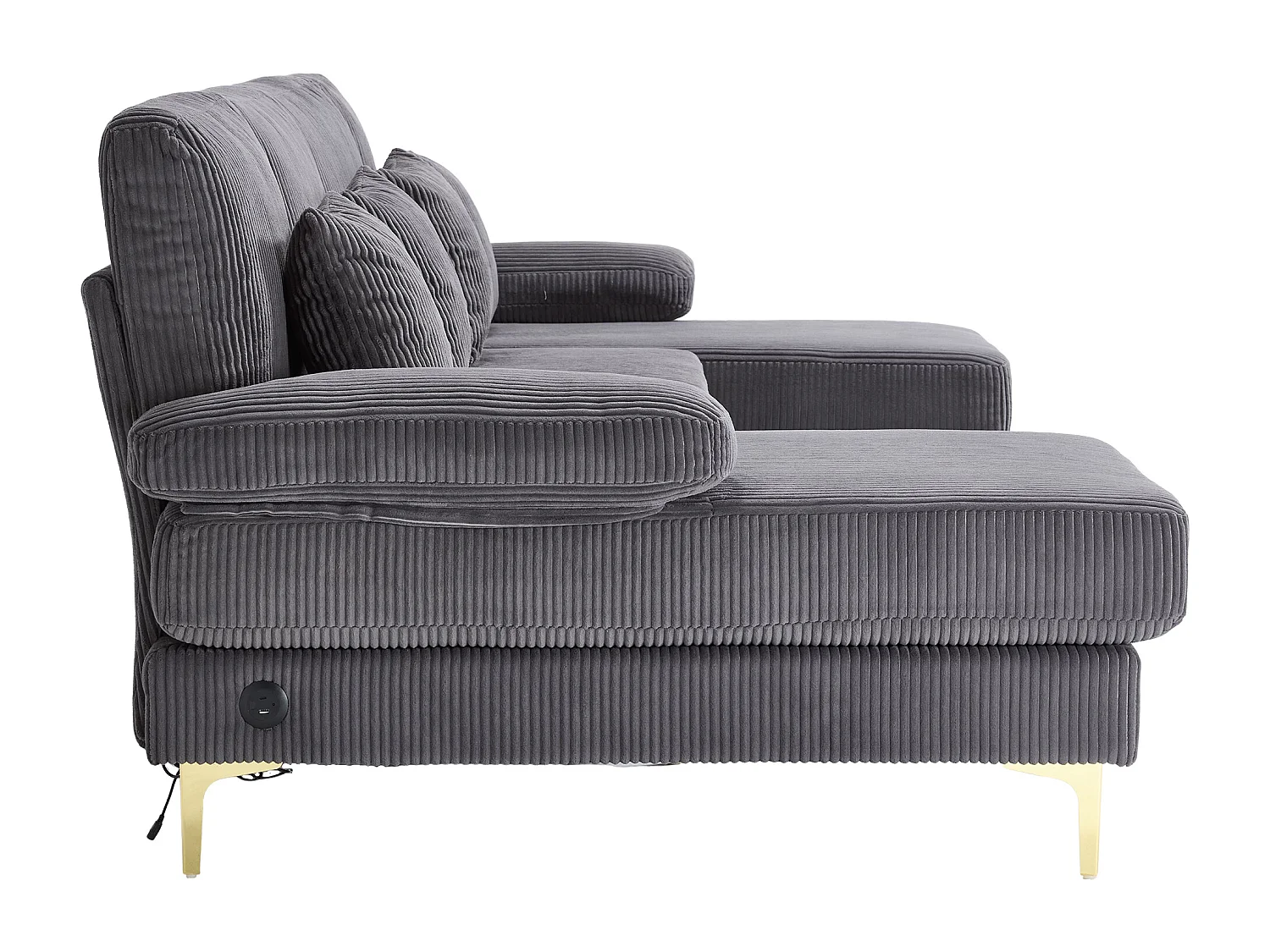 Sofa 4-osobowa z szarego aksamitu z oświetleniem LED i portem USB - nowoczesny design w kształcie U