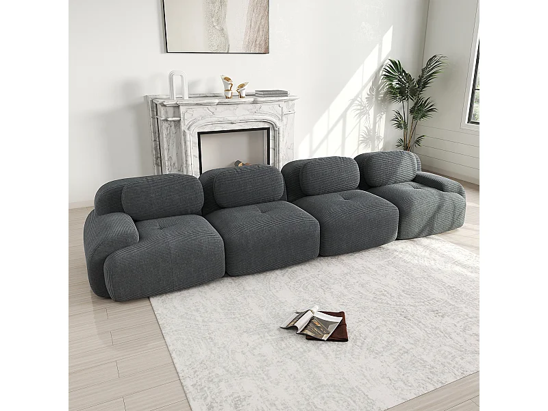 Canapé 4 places avec accoudoirs et dossier rembourré, velours côtelé gris - pour salon