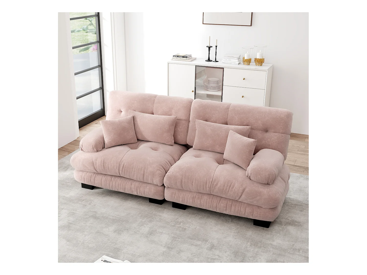 Canapé 2 places en chenille avec dossier et accoudoirs, rose - pour salon et chambre