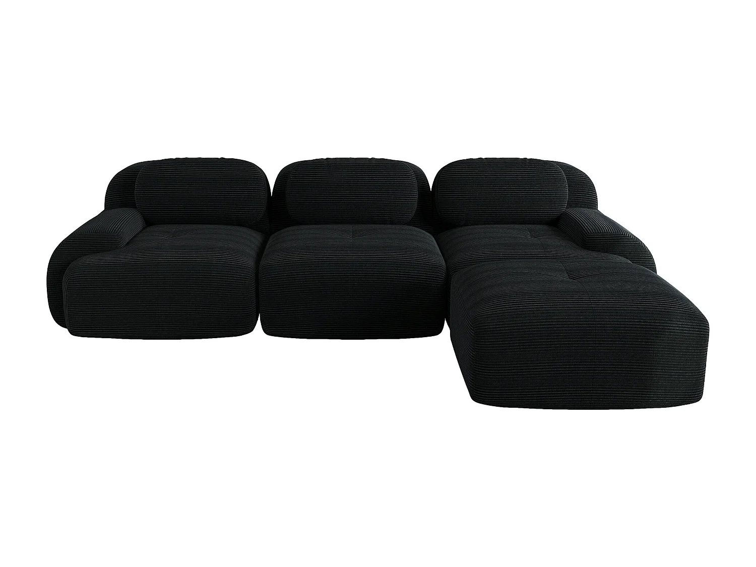 Canapé 3 places, canapé d'angle avec dossier rembourré et repose-pieds - Velours côtelé noir