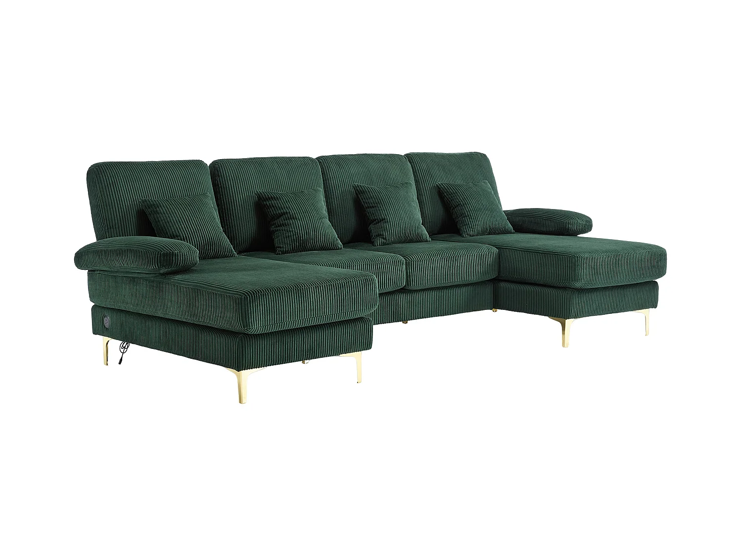 4-zits bank in groen fluweel met LED-verlichting en USB-poort - modern U-vormig design