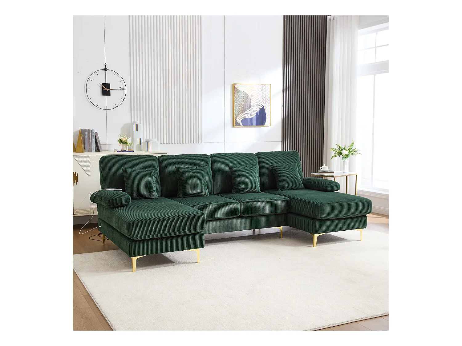 Canapé 4 places en velours vert avec éclairage LED et ports USB - Design moderne en U