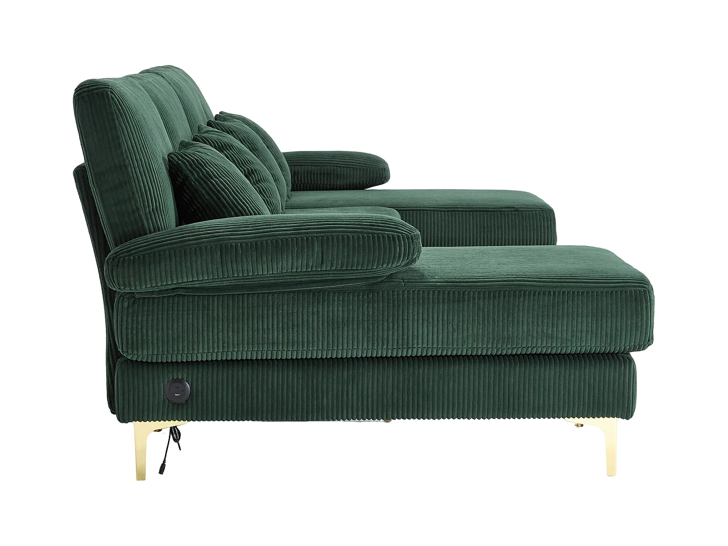 Canapé 4 places en velours vert avec éclairage LED et ports USB - Design moderne en U