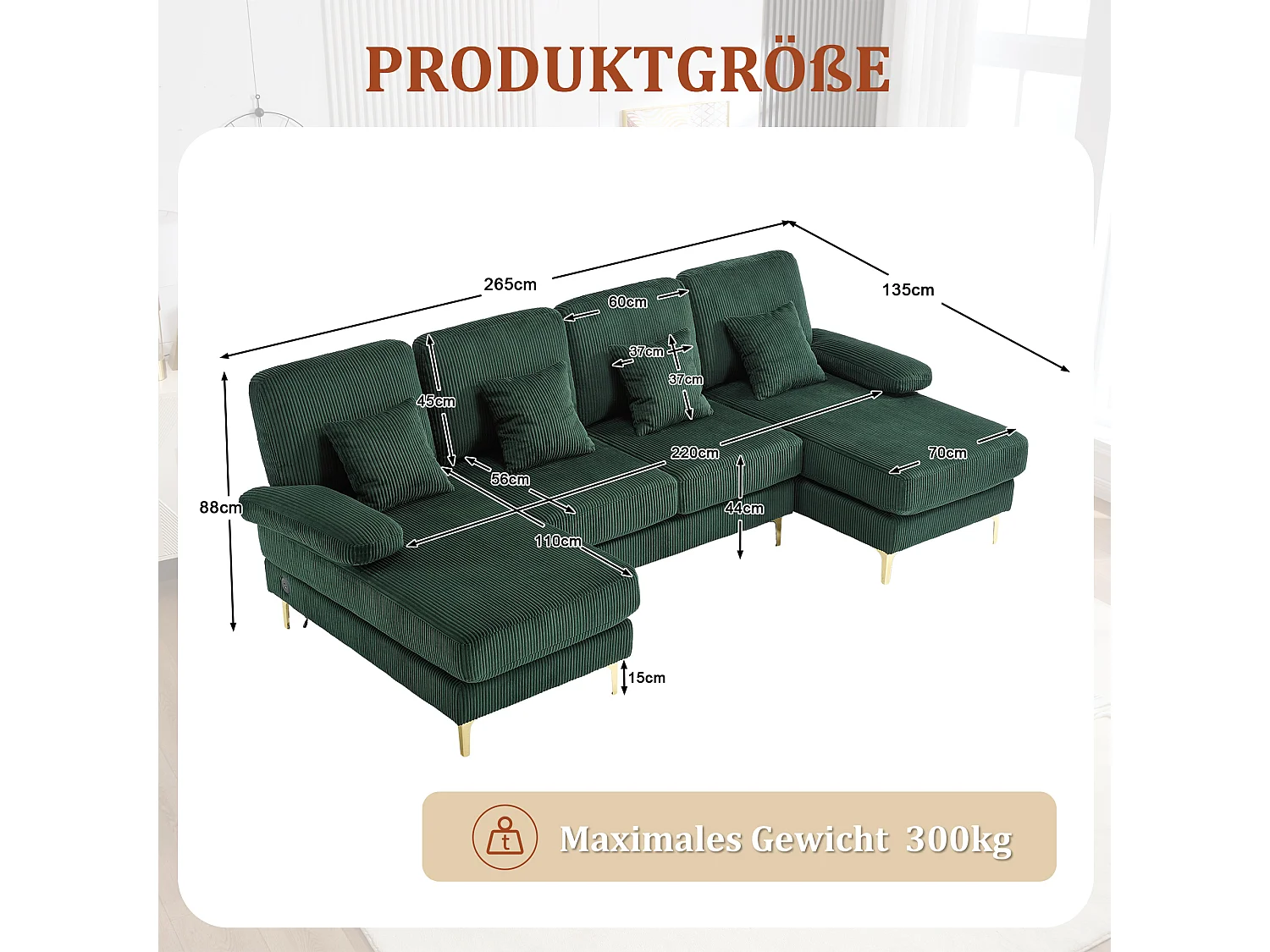 Sofa 4-osobowa z zielonego aksamitu z oświetleniem LED i portem USB - nowoczesny design w kształcie U