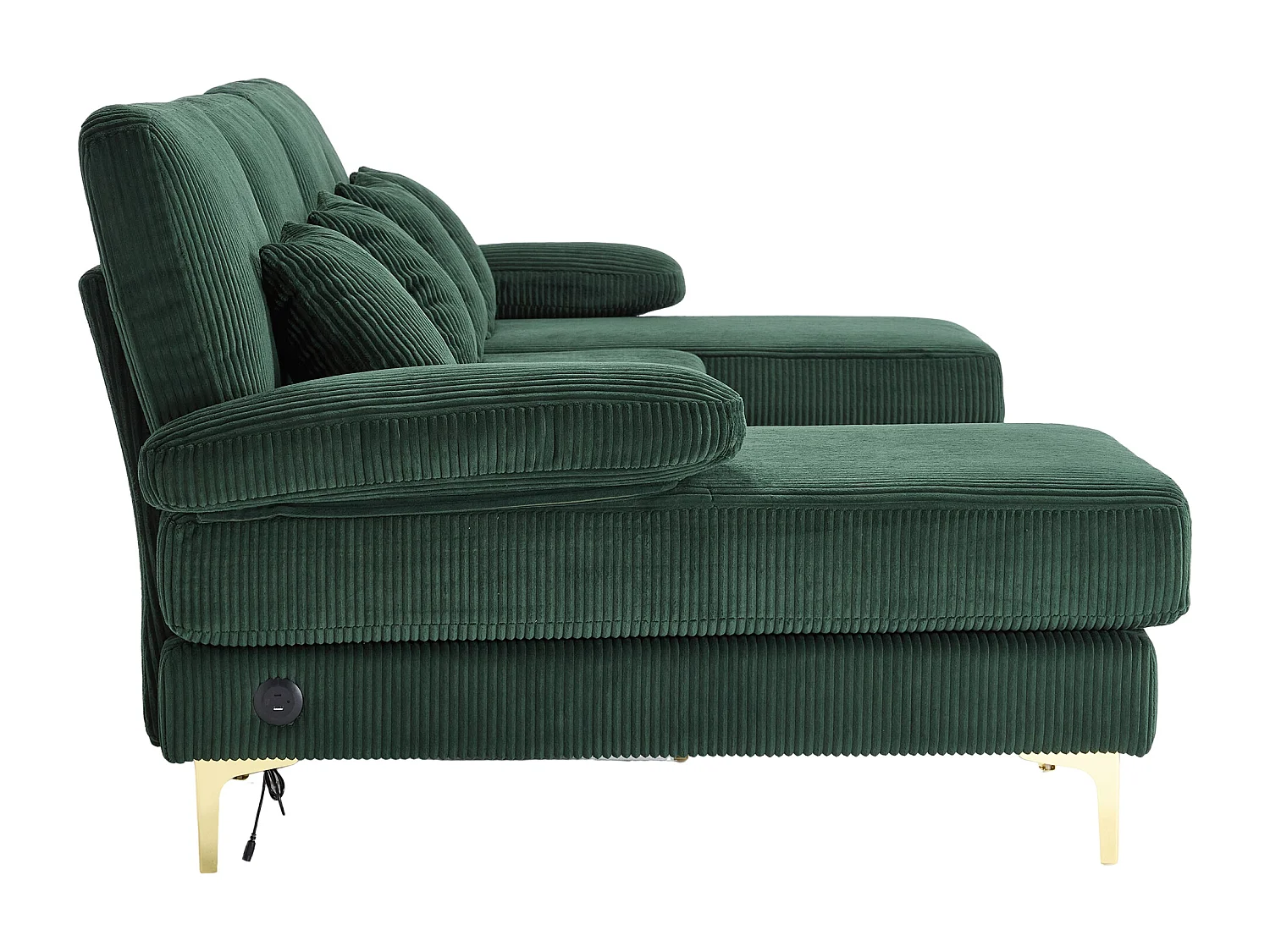 Sofa 4-osobowa z zielonego aksamitu z oświetleniem LED i portem USB - nowoczesny design w kształcie U