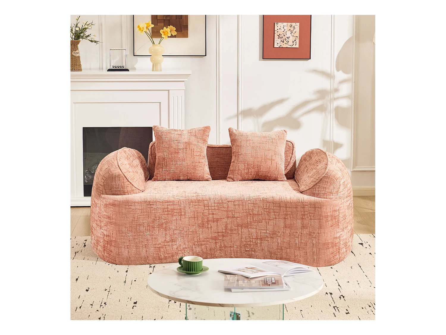 2-Sitzer-Sofa mit Armlehnen und gepolsterten Kissen, geschwungenes Design - rosa Chenille
