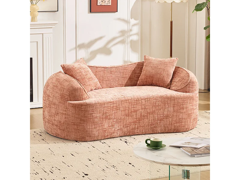 Canapé 2 places avec accoudoirs et coussins rembourrés, design incurvé - chenille rose