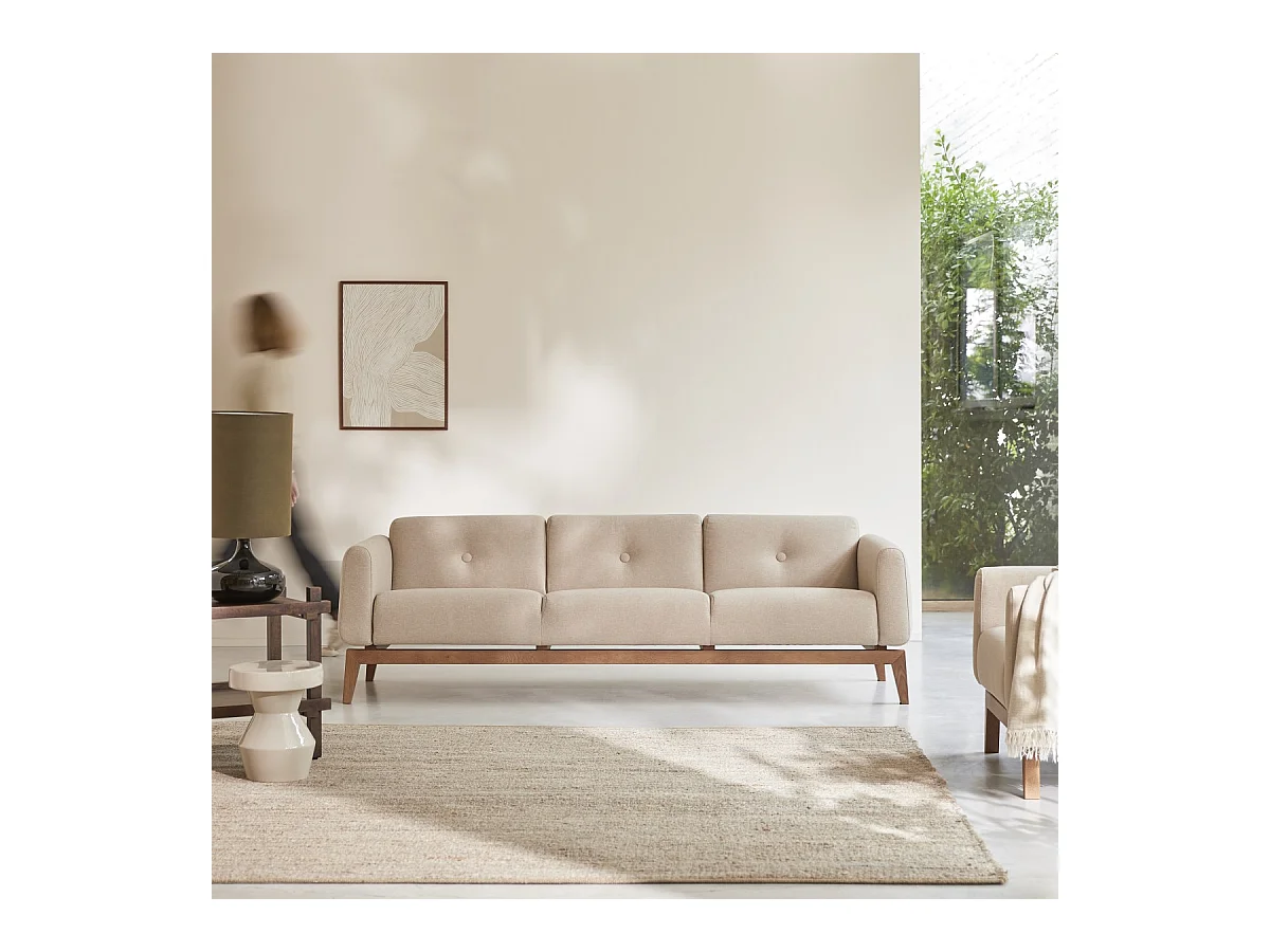 Divano Bjorn in rovere massello e tessuto écru, 3 posti