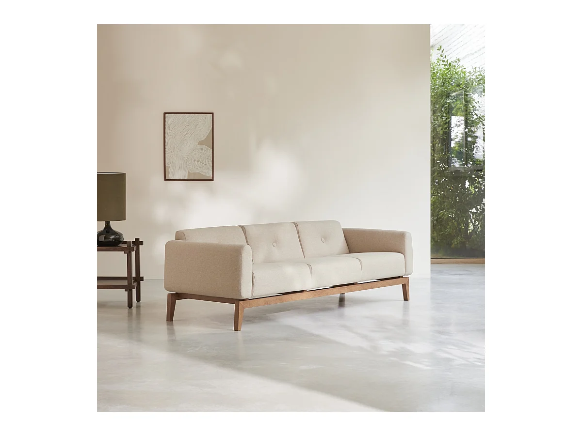 Divano Bjorn in rovere massello e tessuto écru, 3 posti