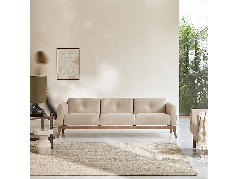 3-Sitzer-Sofa Bjorn aus massiver Eiche und ecrufarbenem Stoff