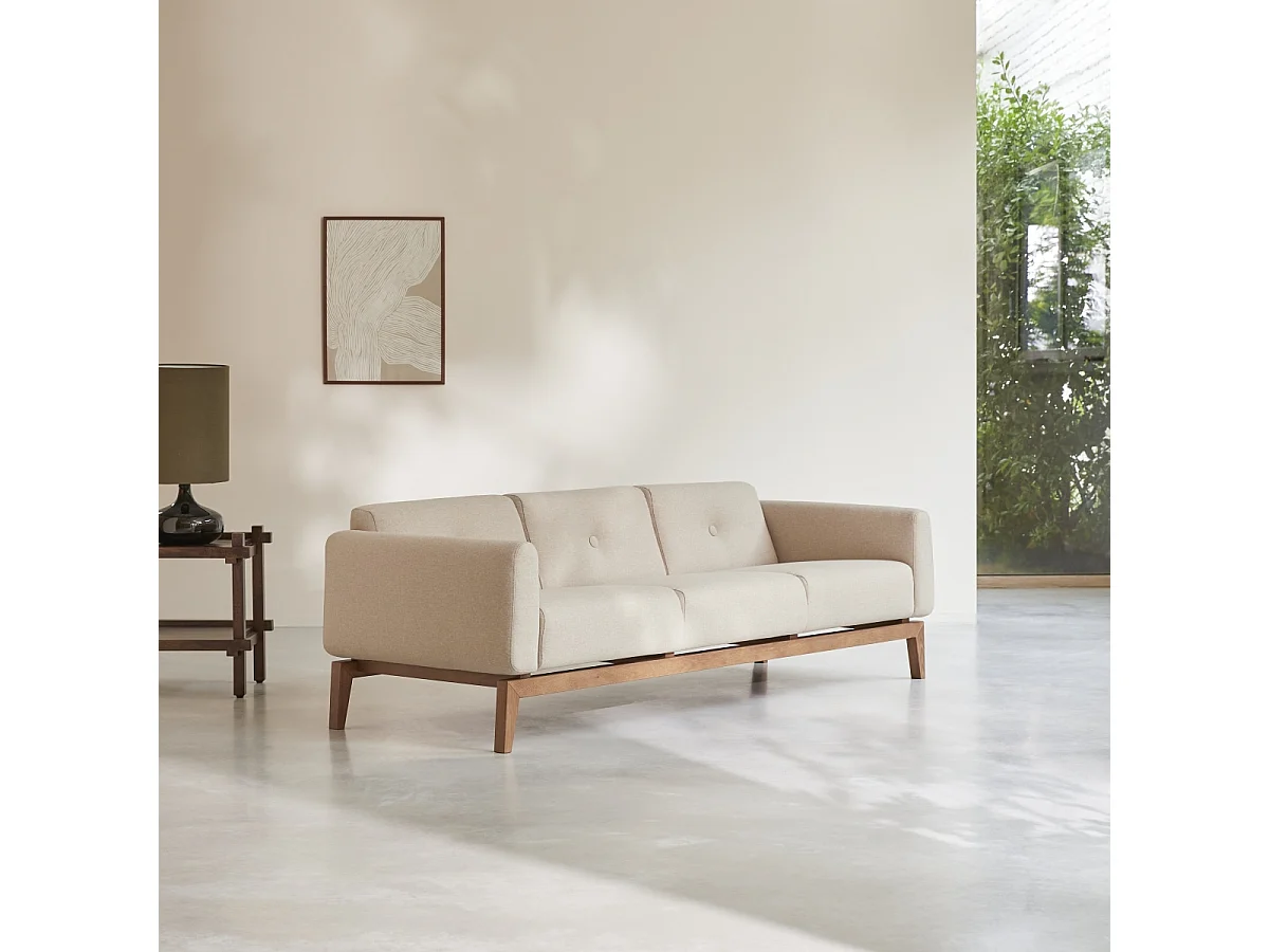 3-Sitzer-Sofa Bjorn aus massiver Eiche und ecrufarbenem Stoff