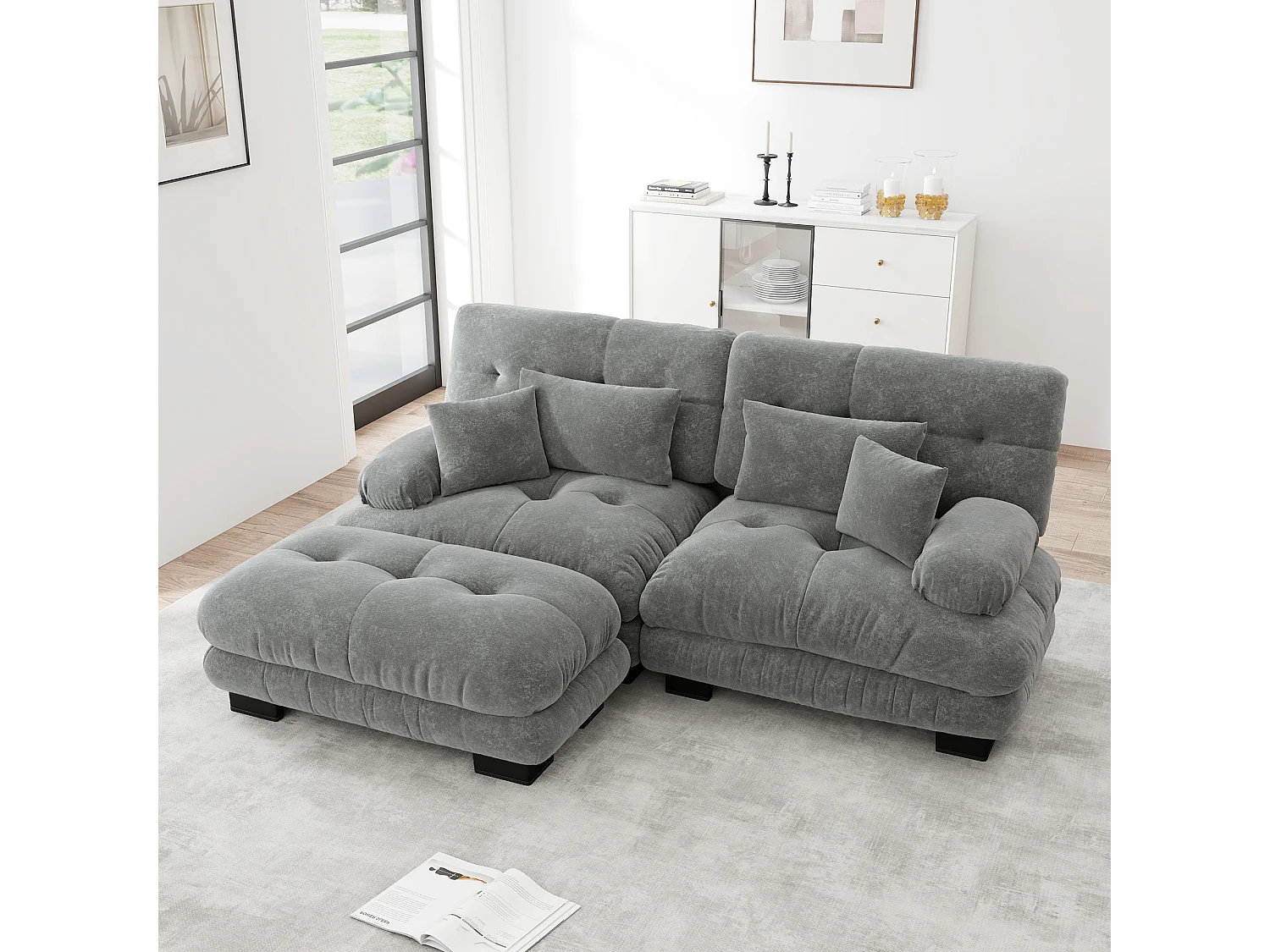 Divano angolare 2 posti con braccioli imbottiti e pouf - chenille grigio