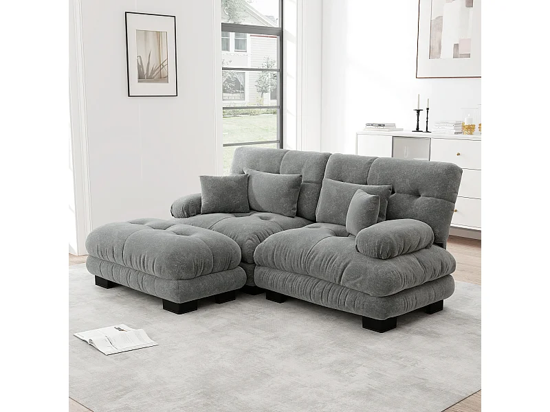 Divano angolare 2 posti con braccioli imbottiti e pouf - chenille grigio