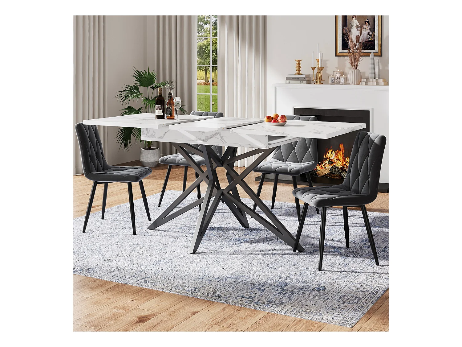 Table à manger extensible avec plateau en MDF plaqué marbre et pieds en fer noir