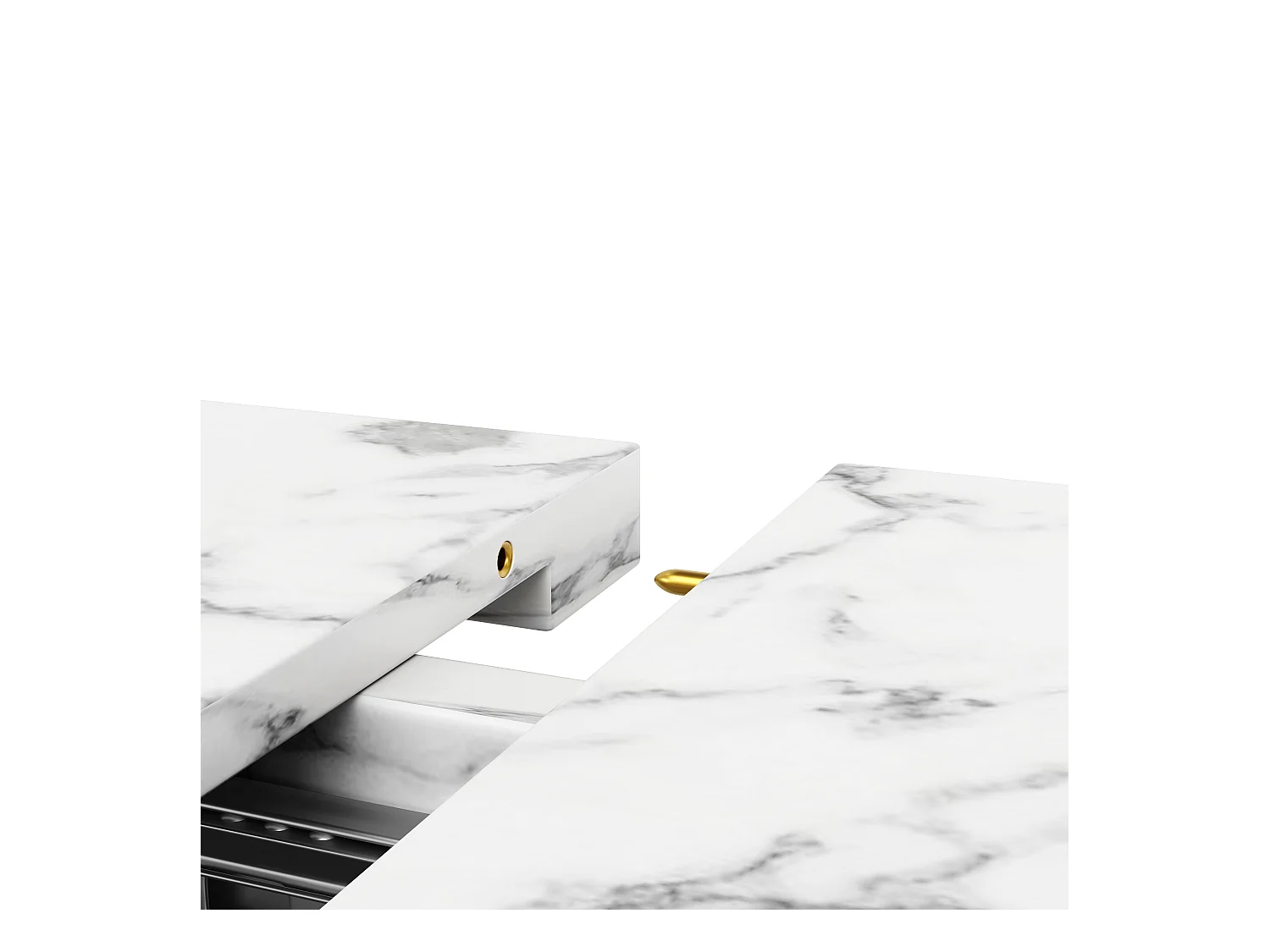 Table à manger extensible avec plateau en MDF plaqué marbre et pieds en fer noir