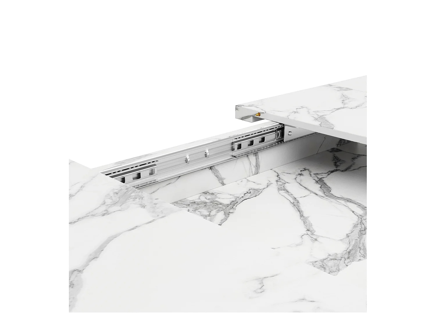 Table à manger extensible avec plateau en MDF plaqué marbre et pieds en fer noir