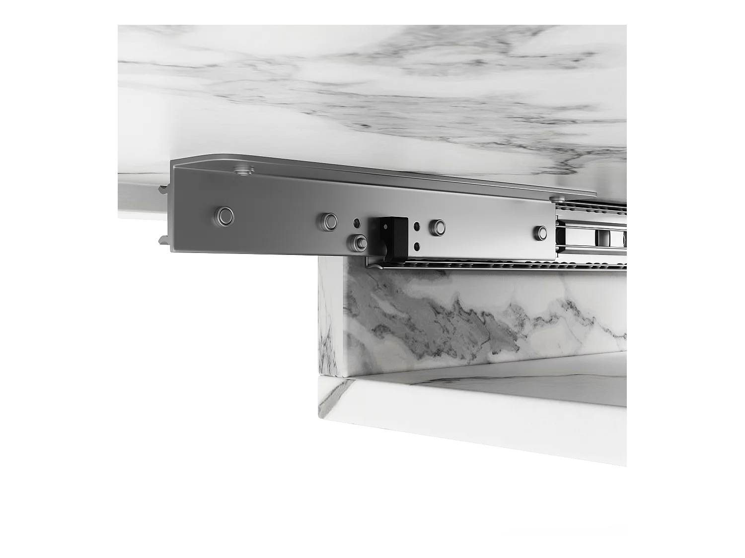 Table à manger extensible avec plateau en MDF plaqué marbre et pieds en fer noir