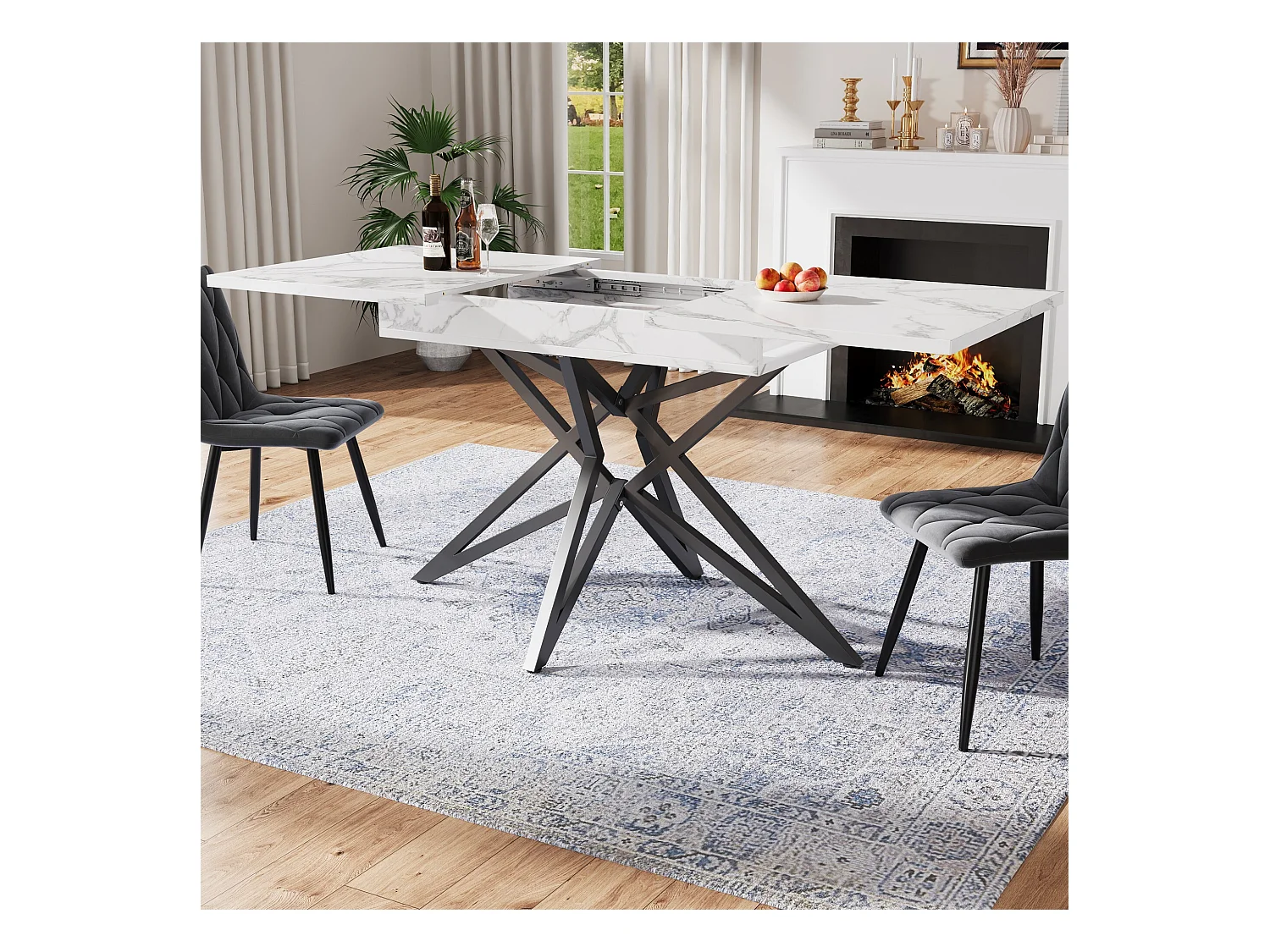 Table à manger extensible avec plateau en MDF plaqué marbre et pieds en fer noir