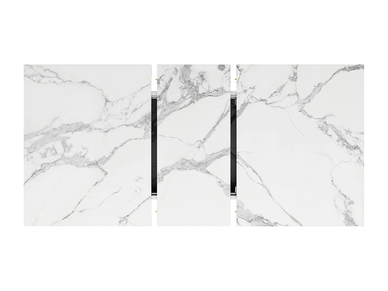 Ausziehbarer Esstisch mit MDF-Platte in Marmoroptik und schwarzen Eisenbeinen