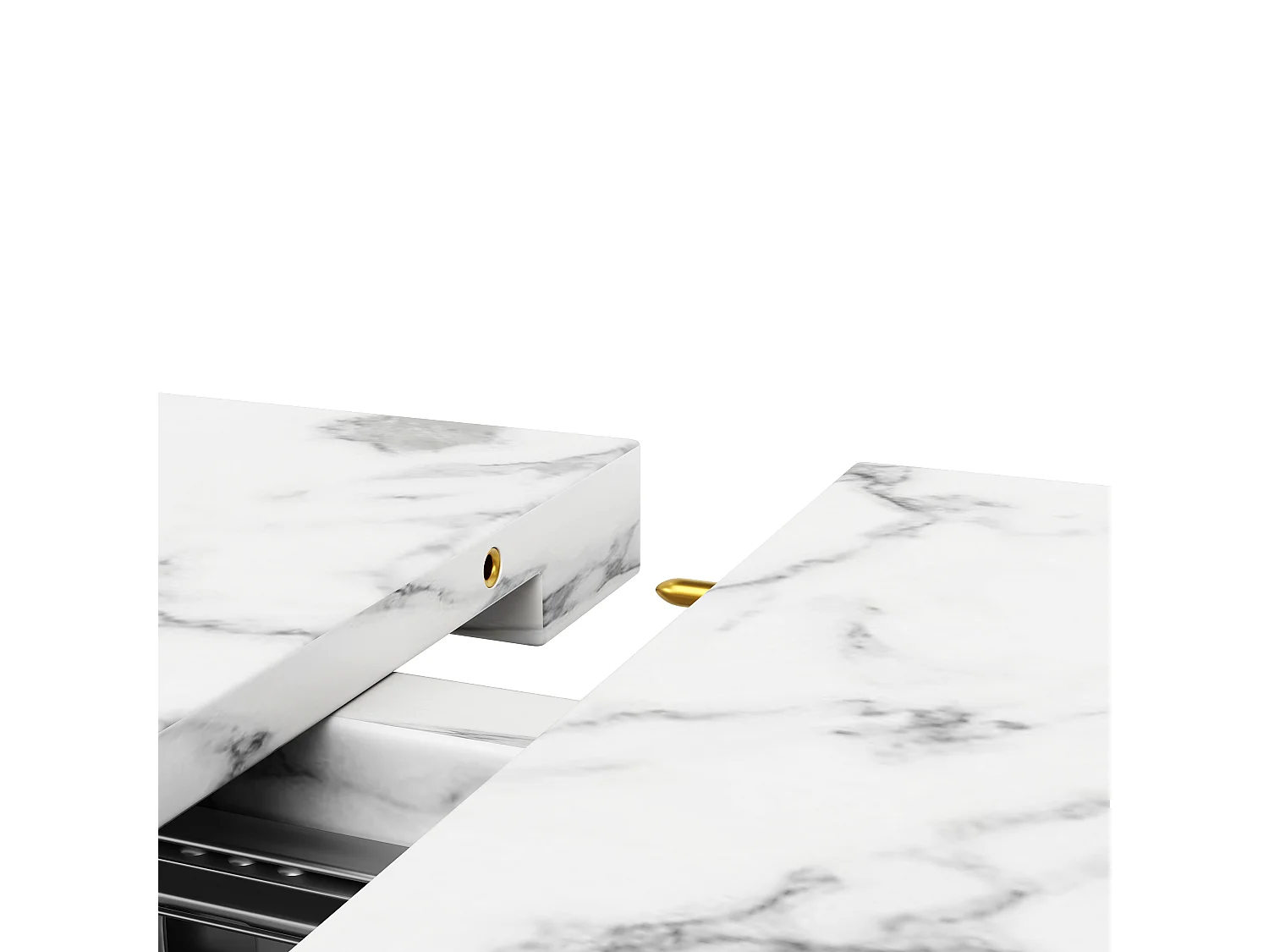 Ausziehbarer Esstisch mit MDF-Platte in Marmoroptik und schwarzen Eisenbeinen