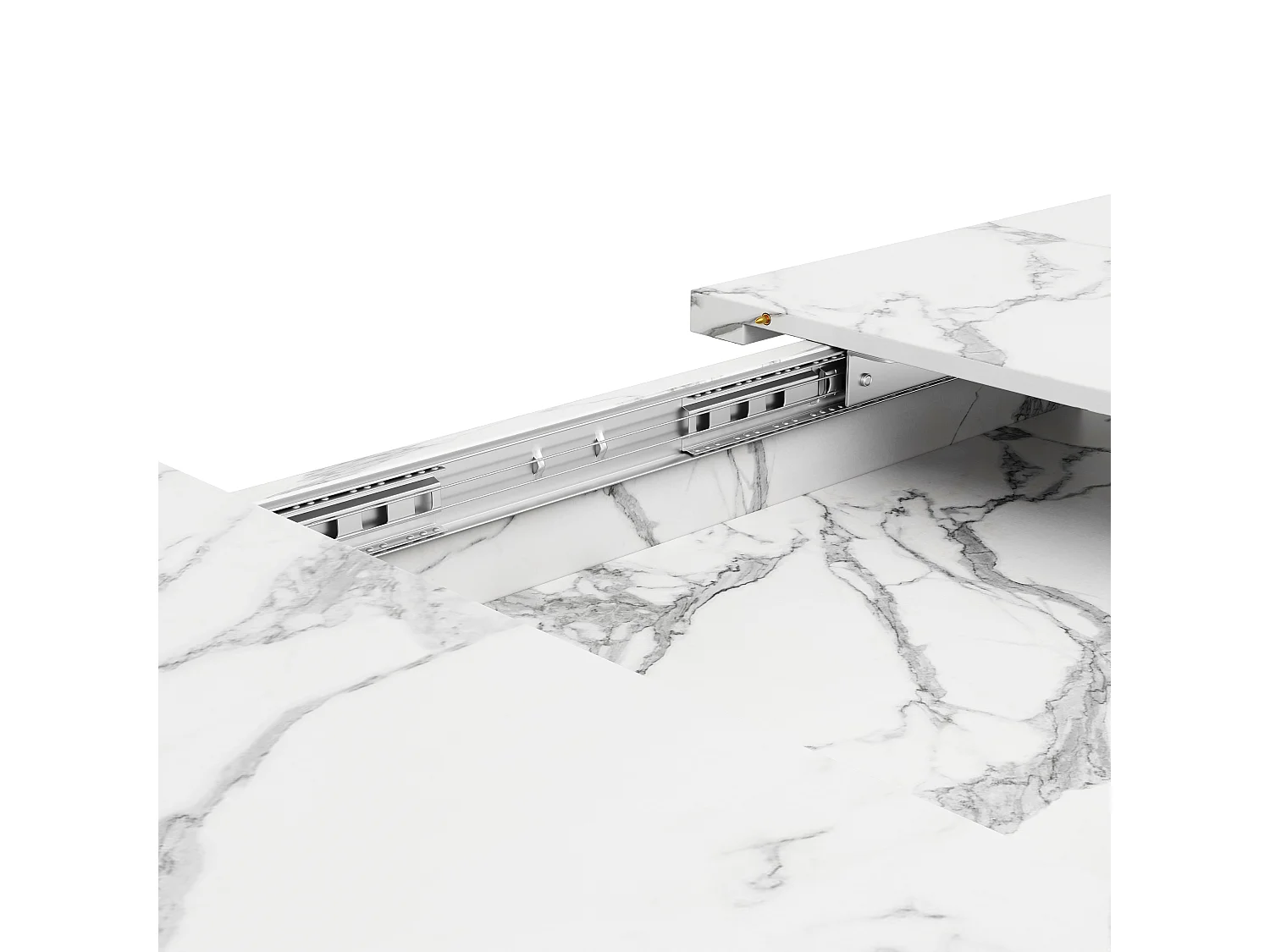 Ausziehbarer Esstisch mit MDF-Platte in Marmoroptik und schwarzen Eisenbeinen