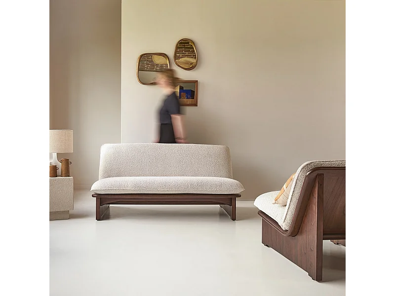 Banquette en bois de mindi massif et tissu bouclé écru Folk, 2 places